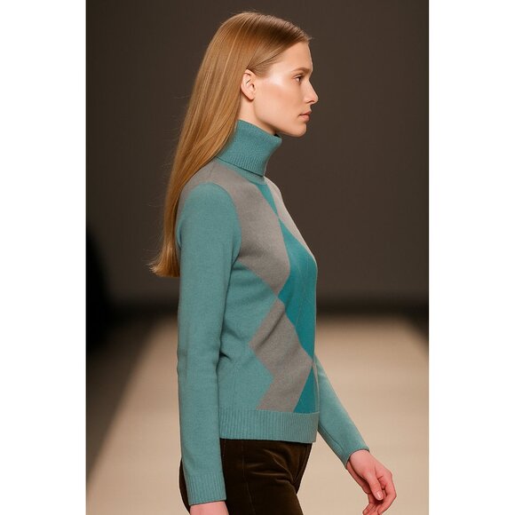 Y2K Argyle Turtleneck Sweater – Teal & Gray Cotton, Preppy Retro- Not worn - Picture 3 of 13